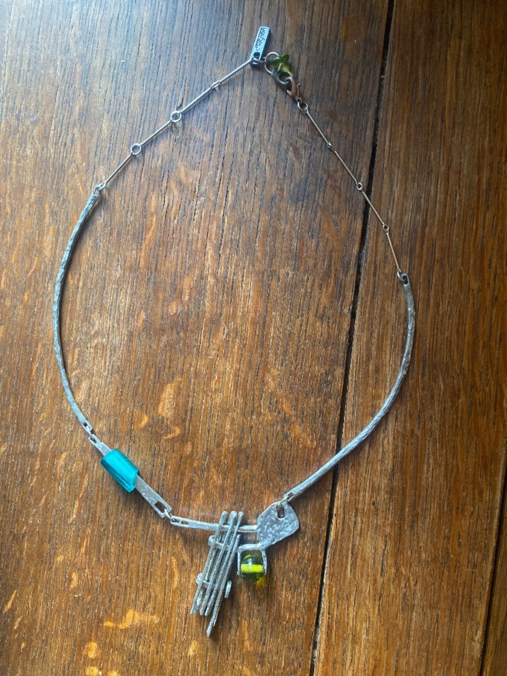 Anne-Marie Chagnon Modernist Pewter Pendant Necklace Green Teal Glass Accents
